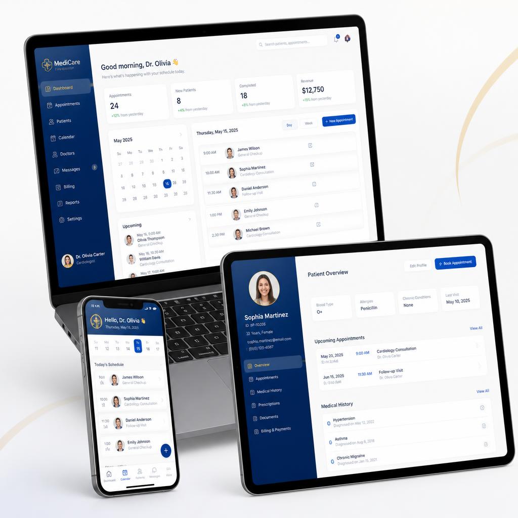 Lisagenda — plataforma de agenda médica online exibida em notebook, tablet e celular